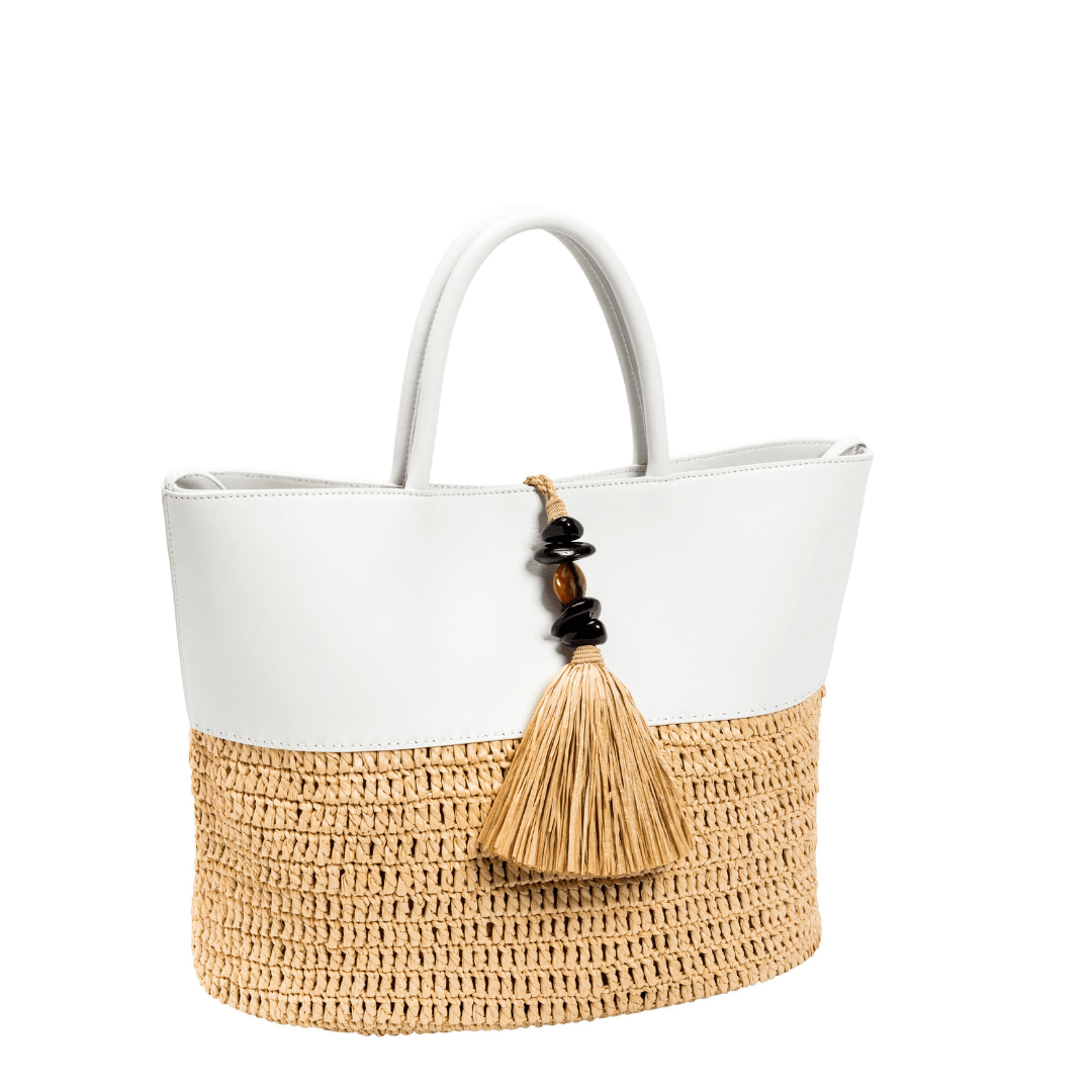 Melita Off-White Large Tote Bag with intricate crochet and tassel detailing, showcasing bohemian elegance.