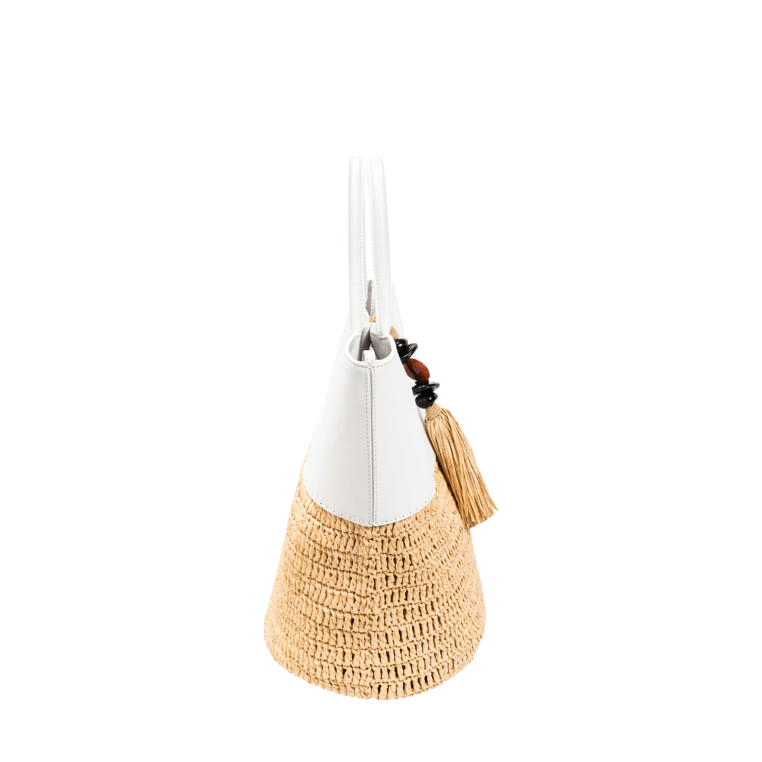 Melita Off-White Large Tote Bag showcasing intricate crochet design and elegant tassel detail.