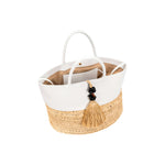 Melita Off-White Large Tote Bag with woven base and tassel detail, showcasing bohemian elegance and craftsmanship.