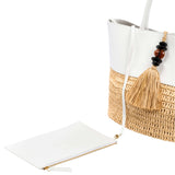 Melita Off-White Large Tote Bag with intricate crochet, detachable pouch, and decorative tassel.