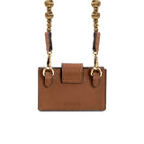 Alessa Camello card holder in brown leather with a detachable strap featuring embroidered balls, showcasing refined craftsmanship.