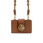 Alessa Camello Card Holder featuring gold embroidered details and detachable strap, a refined accessory for stylish organization.
