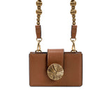 Alessa Camello Card Holder featuring gold embroidered details and detachable strap, a refined accessory for stylish organization.