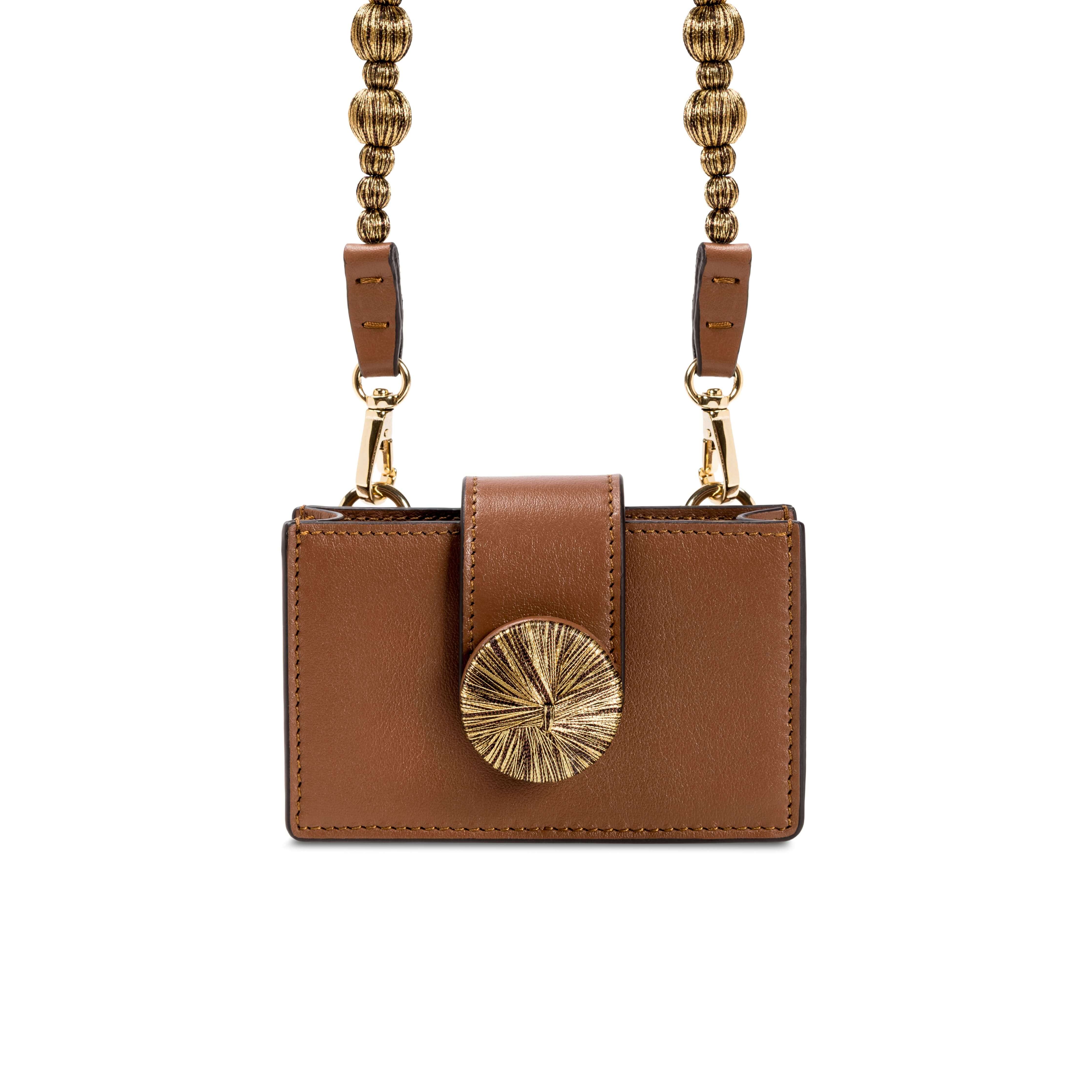 Alessa Camello Card Holder featuring gold embroidered details and detachable strap, a refined accessory for stylish organization.