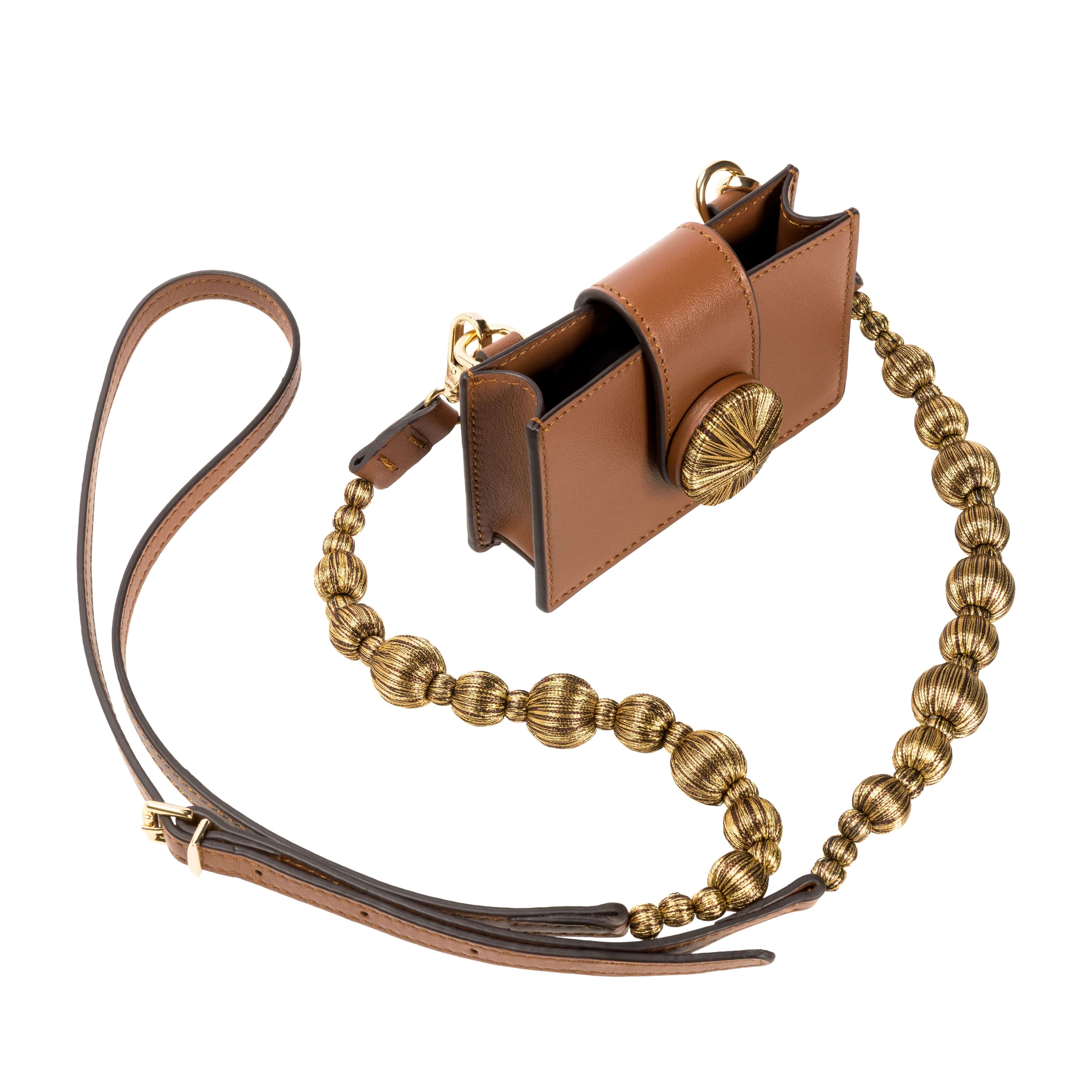 Alessa Camello Card Holder in brown with embroidered strap and decorative fastening by Serena Uziyel.