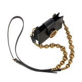 Alessa Black Card Holder with sculptural detachable strap and embroidered disc, featuring shimmering metallic threads.
