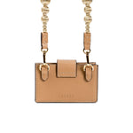 Alessa Cappucino Card Holder with detachable strap and embroidered details, showcasing elegant craftsmanship.