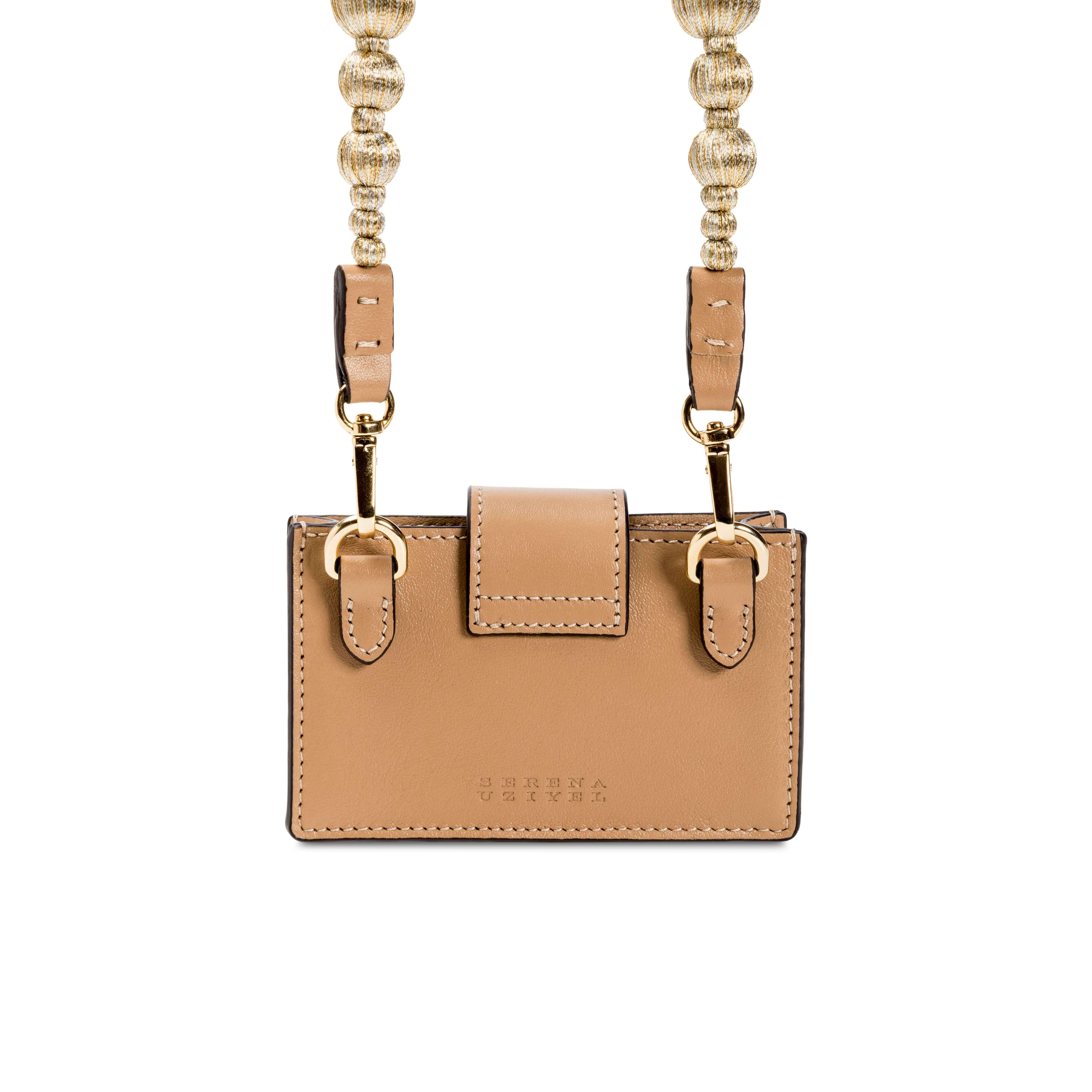 Alessa Cappucino Card Holder with detachable strap and embroidered details, showcasing elegant craftsmanship.