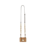 Alessa Cappuccino Card Holder with a decorative detachable strap featuring embroidered balls and signature metallic details.