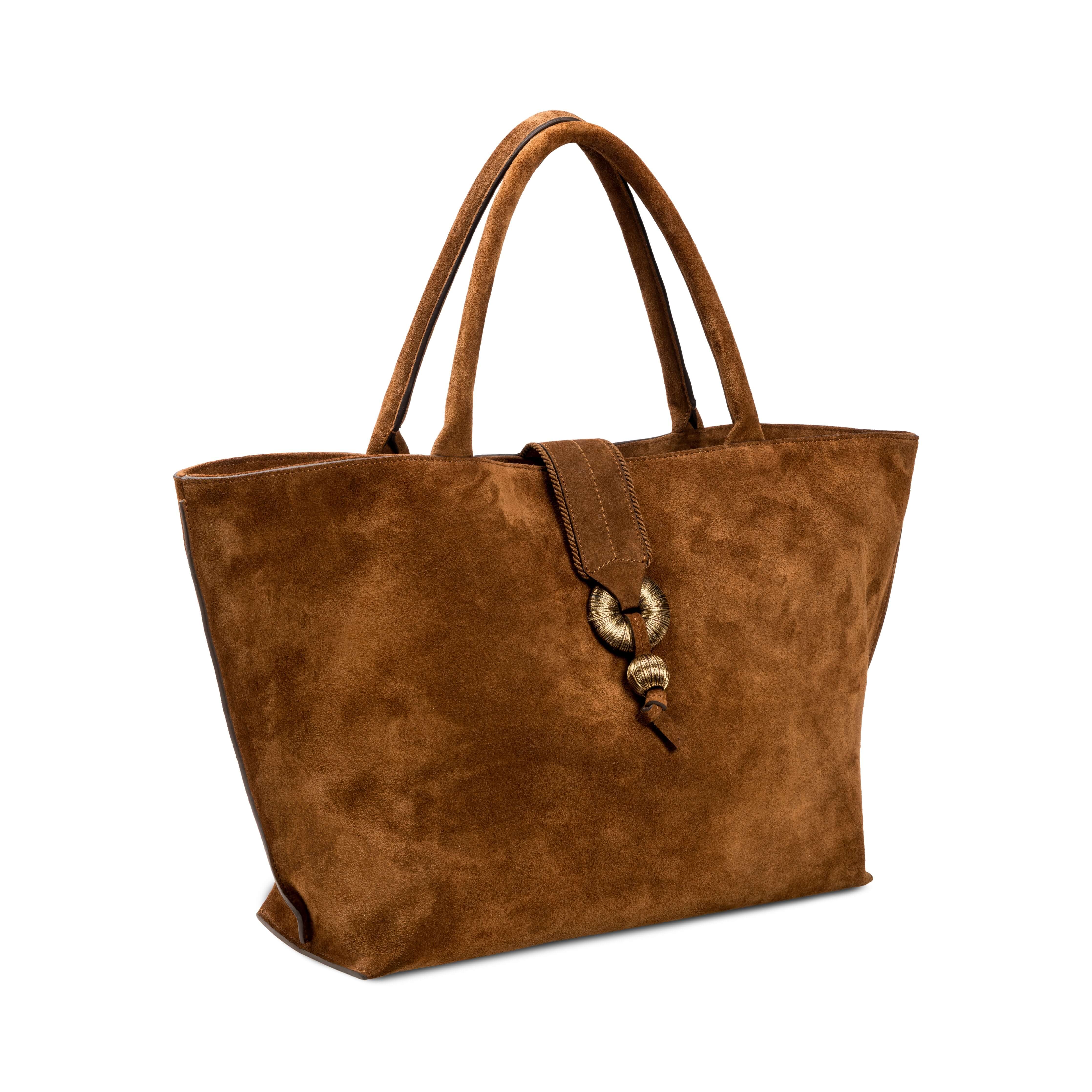 Boho Chic Medium Camello Tote Bag, rich suede with expandable sides, stylish and functional for travel or daily use.