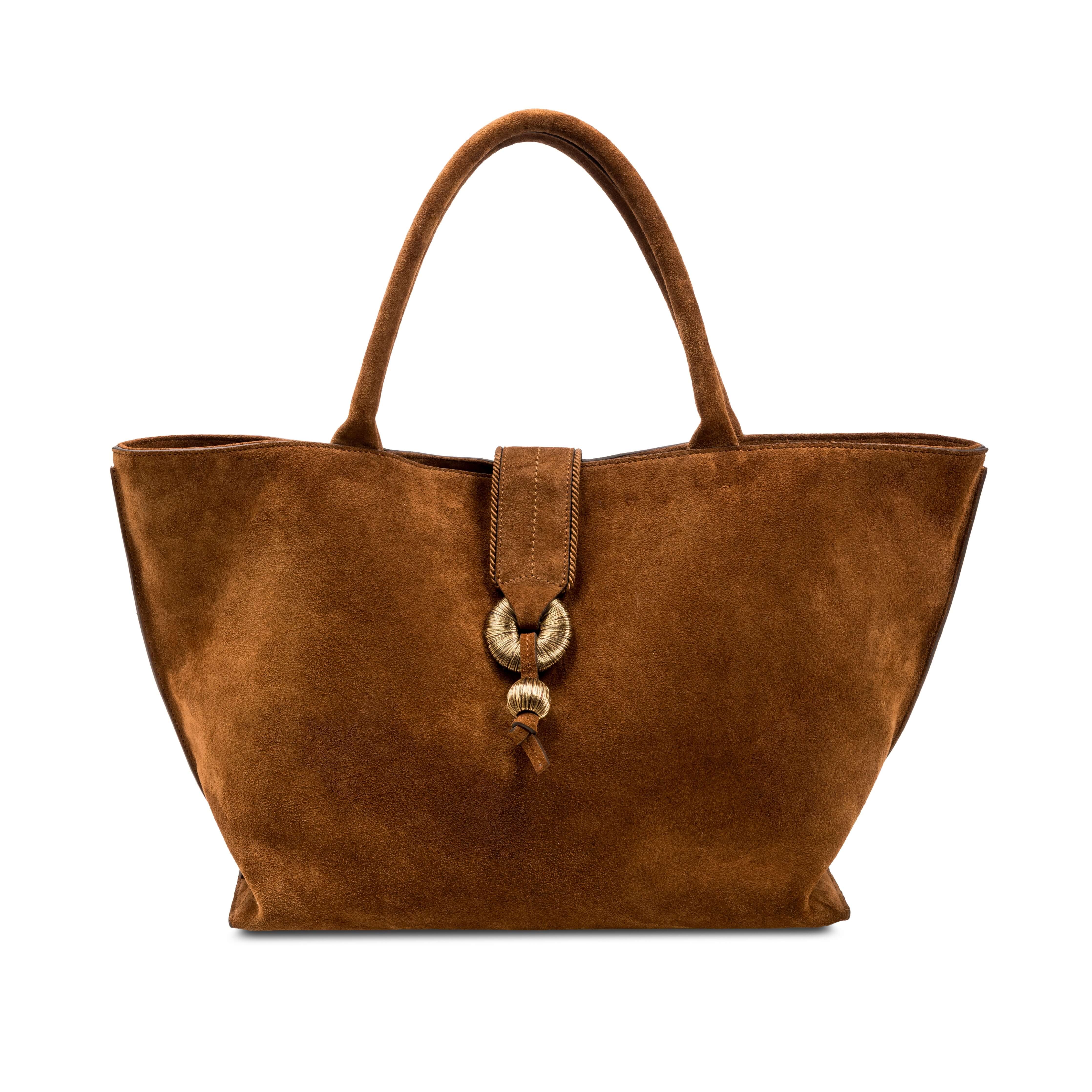 Boho Chic Medium Camello Tote Bag in rich suede with expandable sides and a stylish silhouette.