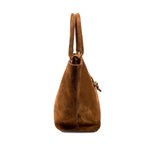 Side view of a Boho Chic Medium Camello Tote Bag showcasing its soft suede texture and stylish design.