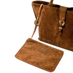 Boho Chic Medium Camello Tote Bag in rich suede with stylish tassel detailing and detachable pouch.