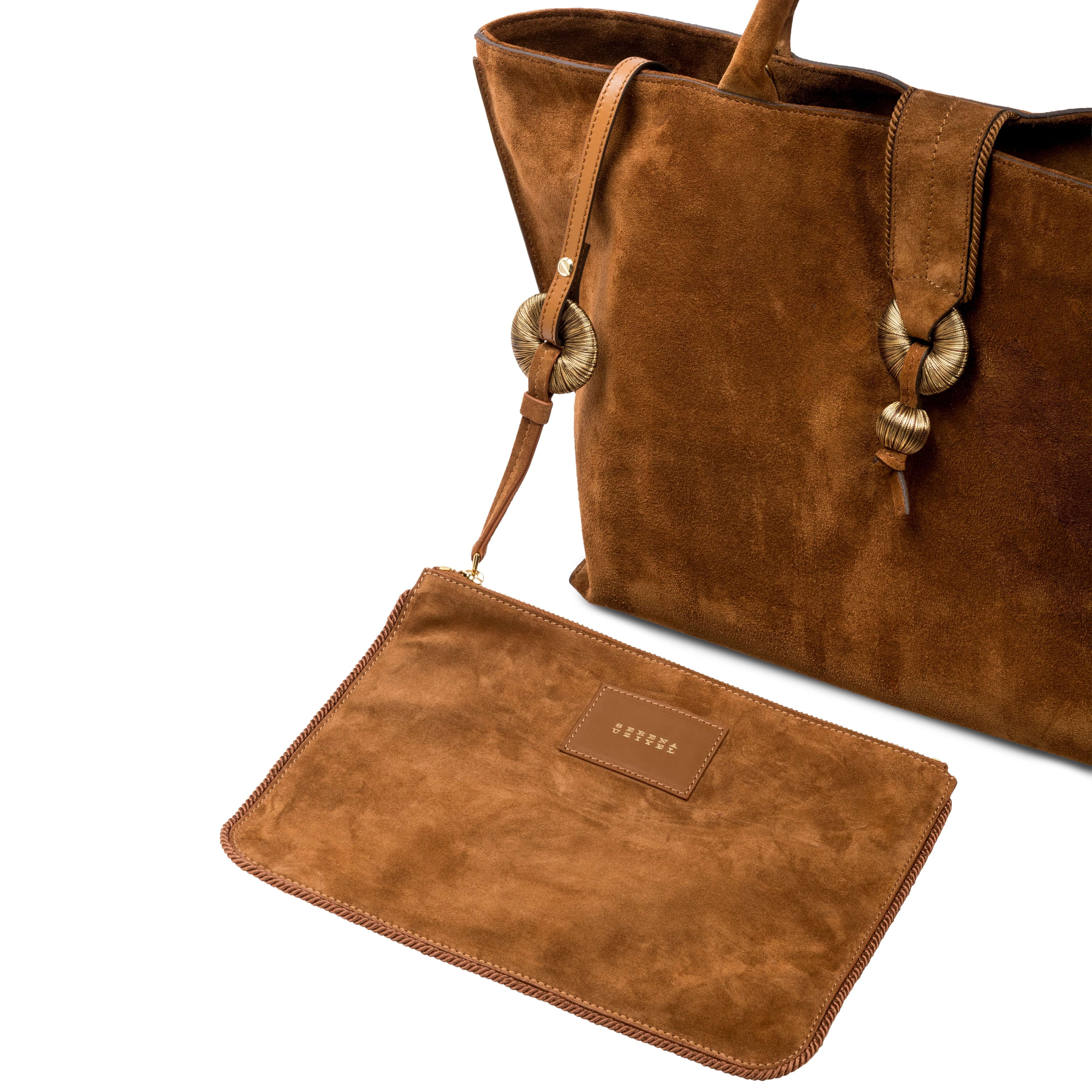 Boho Chic Medium Camello Tote Bag in rich suede with stylish tassel detailing and detachable pouch.