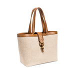 Boho chic medium off white tote bag with brown leather handle, perfect for day trips and stylish outings.