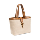 Boho chic medium off white tote bag with brown leather handle, perfect for day trips and stylish outings.