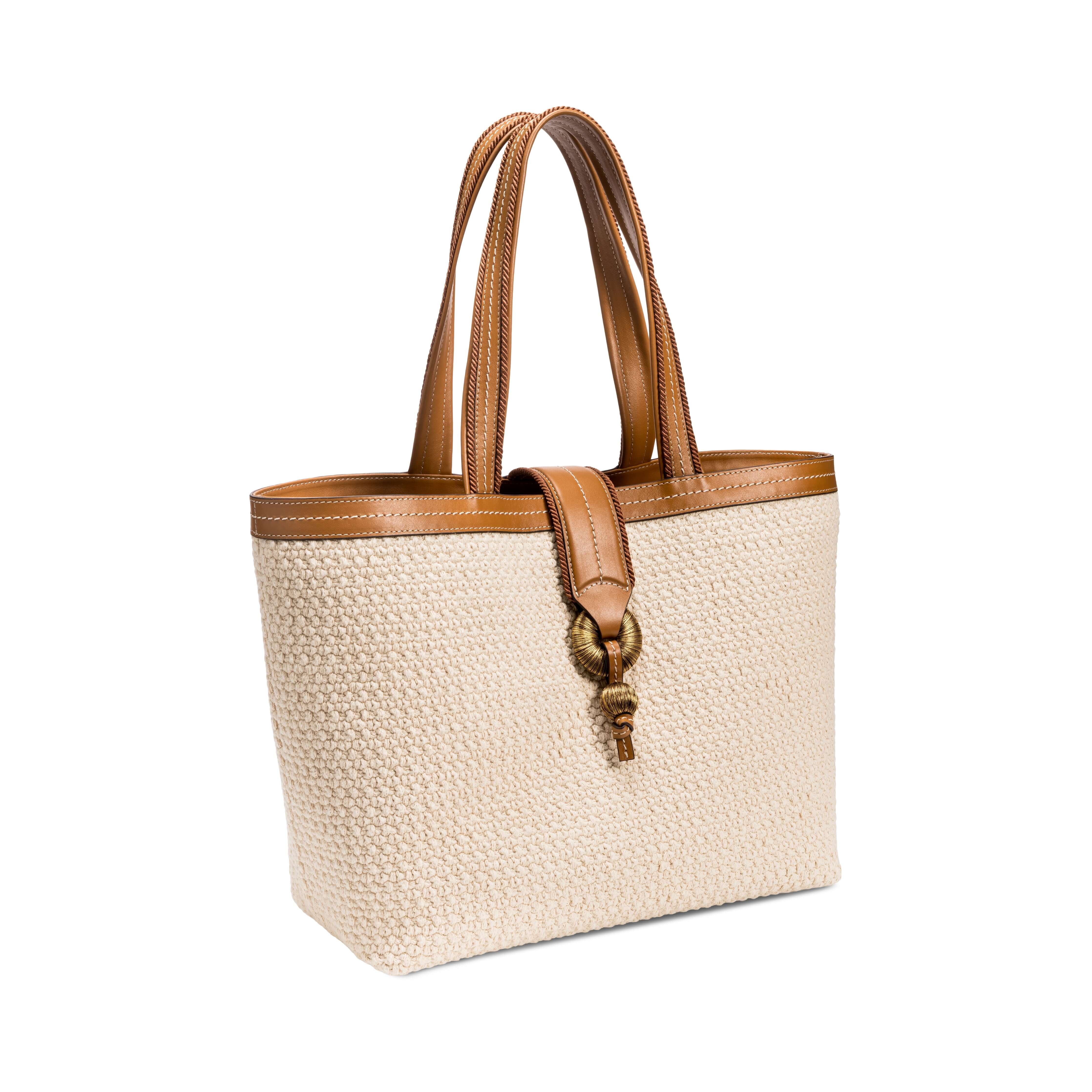 Boho chic medium off white tote bag with brown leather handle, perfect for day trips and stylish outings.