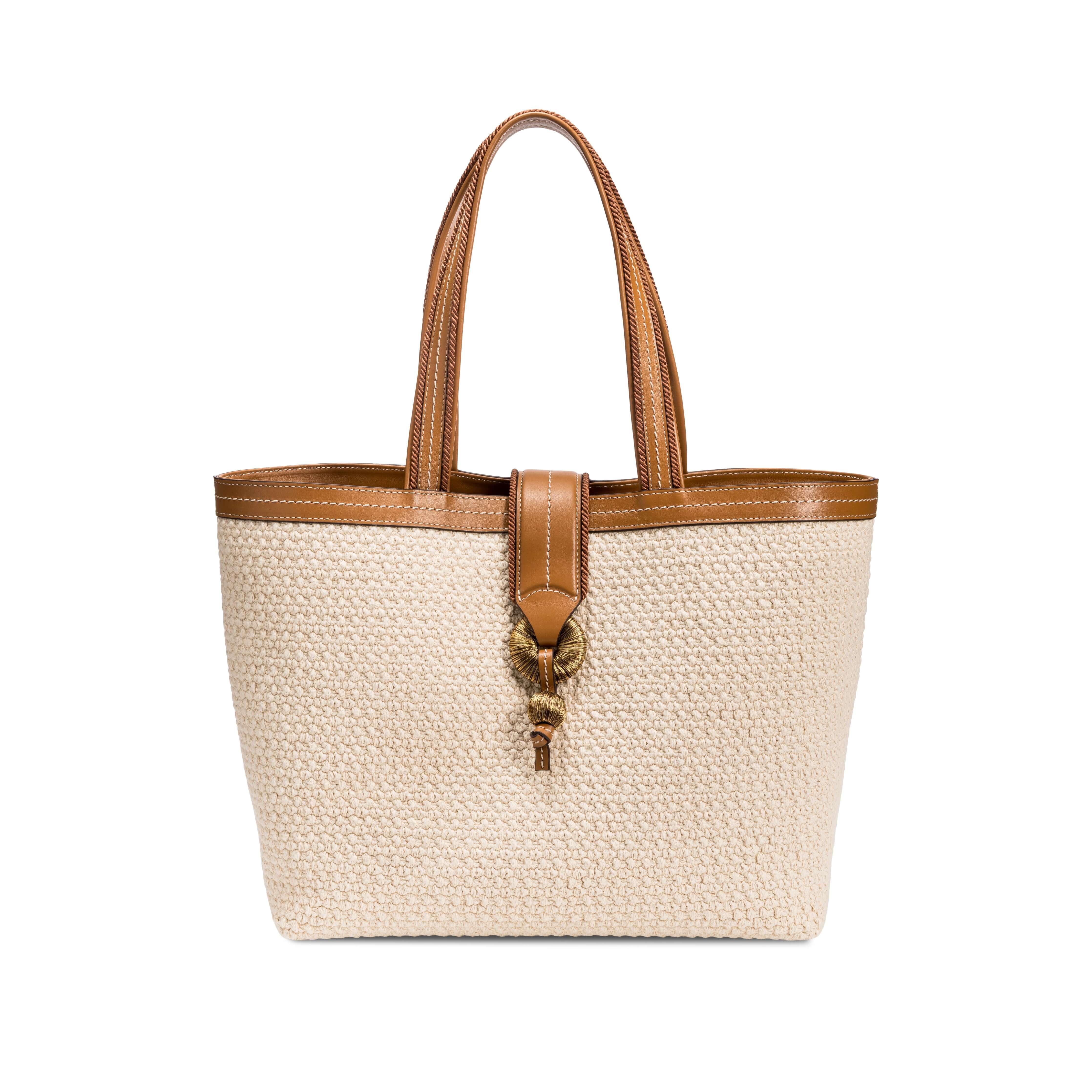 Boho Chic medium off-white tote bag with brown straps, designed for style and versatility for women on the go.