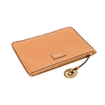 Stylish tan leather clutch with gold zipper and decorative ring for elegant organization and everyday chic.