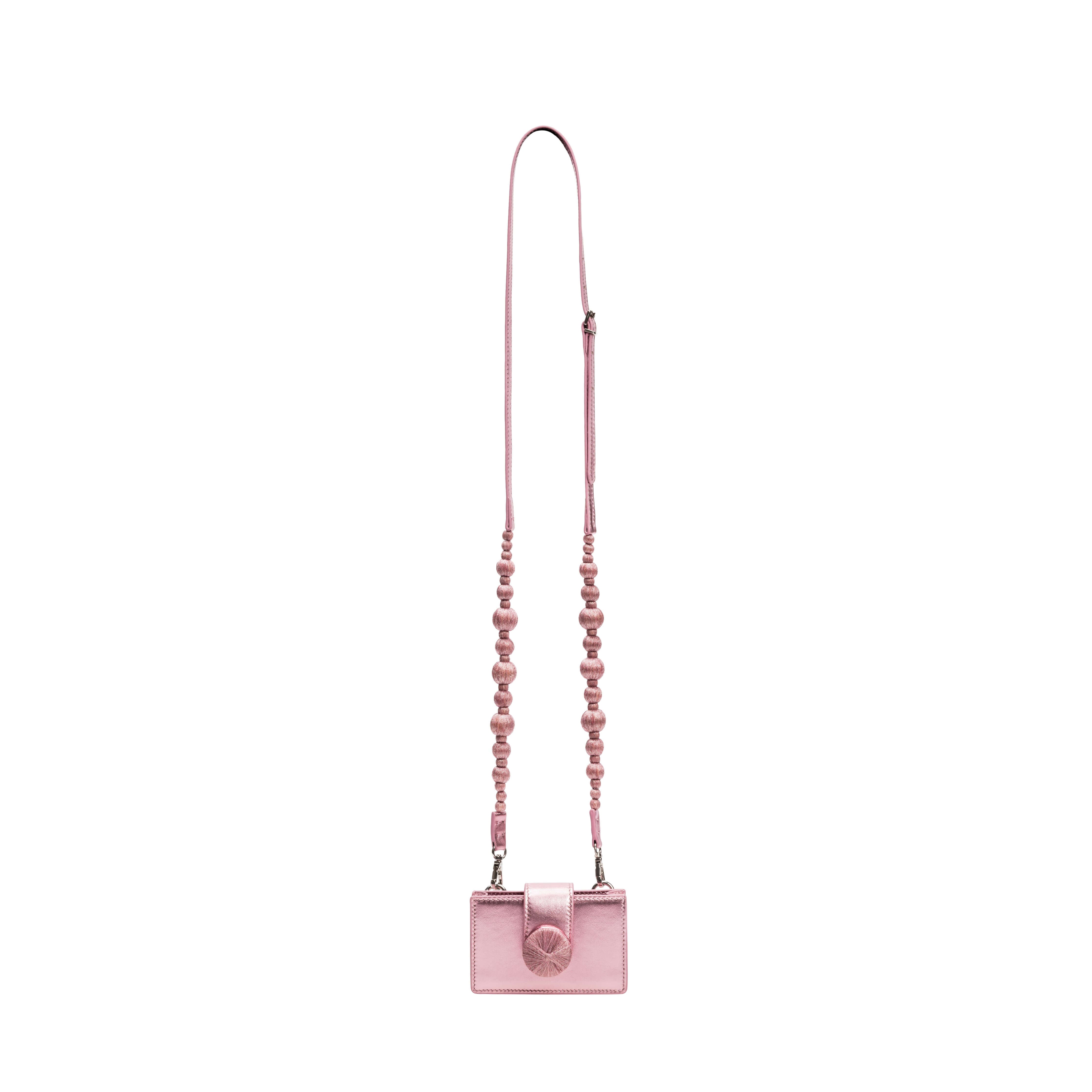 Alessa Metallic Pink Card Holder with a stylish beaded strap, perfect for elegance and functionality.