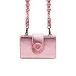 Alessa Metallic Pink Card Holder with textured design and strap, perfect for stylish organization.