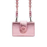 Alessa Metallic Pink Card Holder with textured design and strap, perfect for stylish organization.