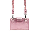 Alessa Metallic Pink Card Holder featuring a stylish beaded strap and sleek metallic finish.