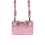 Alessa Metallic Pink Card Holder featuring a stylish beaded strap and sleek metallic finish.