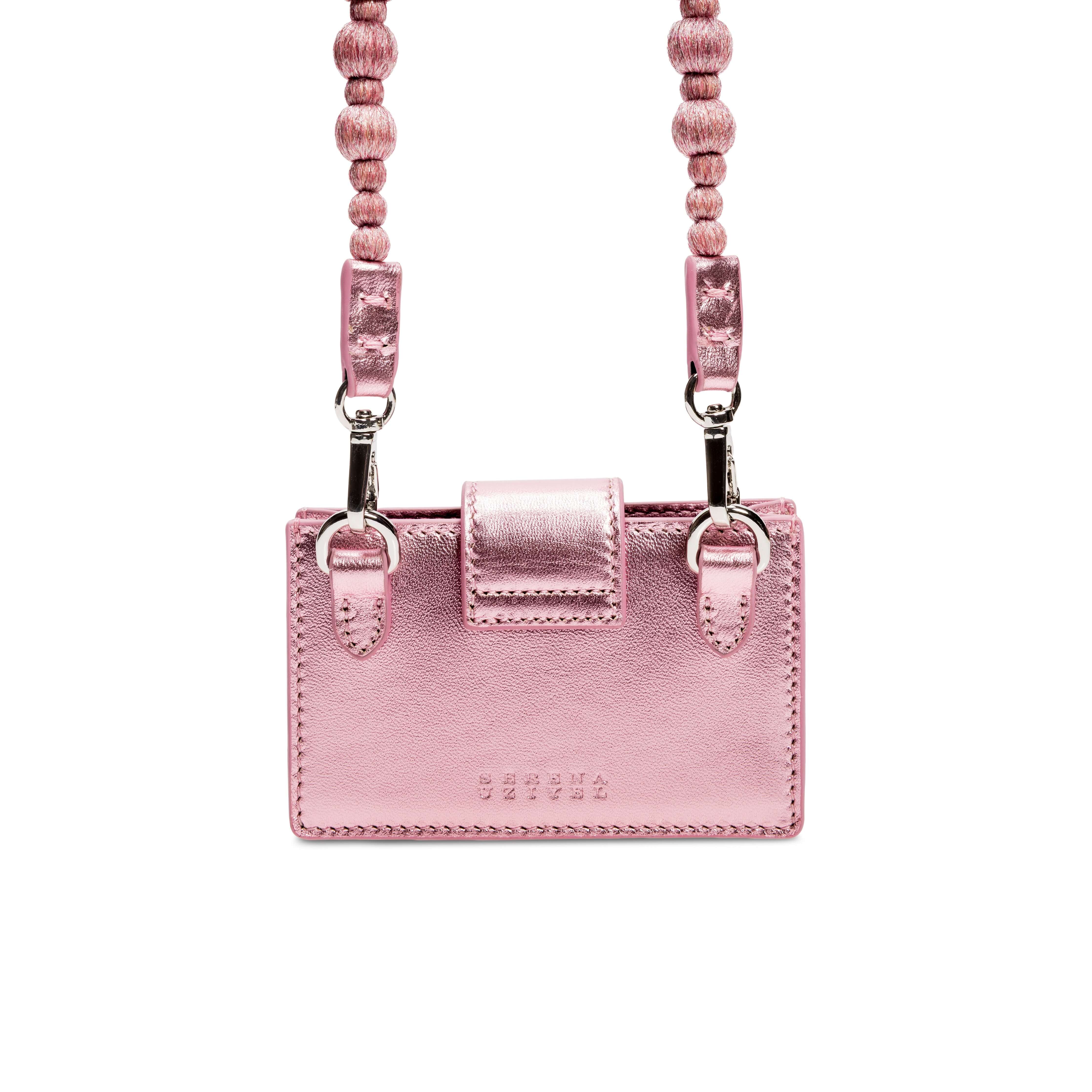Alessa Metallic Pink Card Holder featuring a stylish beaded strap and sleek metallic finish.