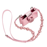 Alessa Metallic Pink Card Holder featuring a chic design and pearl strap, perfect for stylish organization.