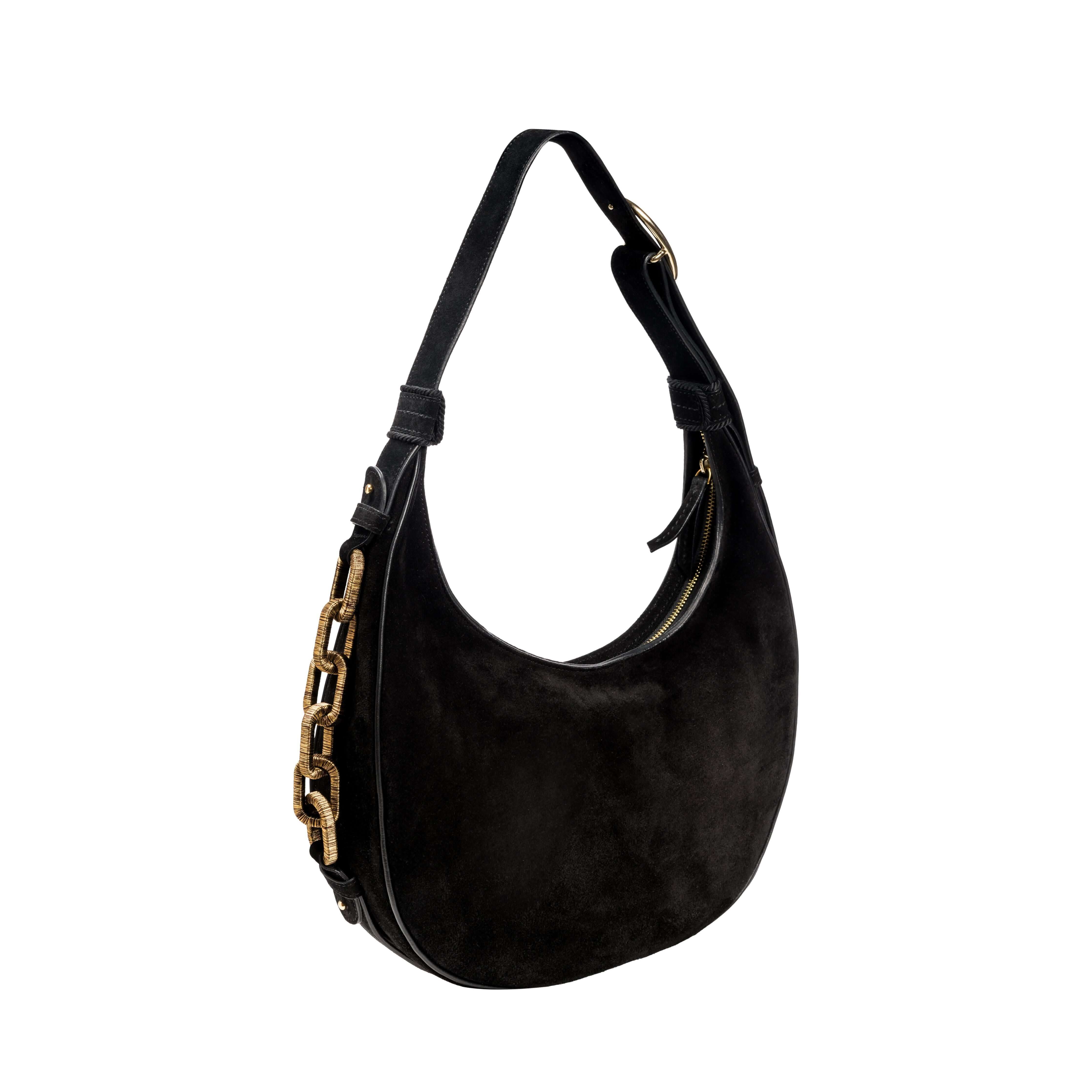 Catena Black Hobo Bag in soft suede with gold chain detail and adjustable strap, a modern twist on classic 1960s style.