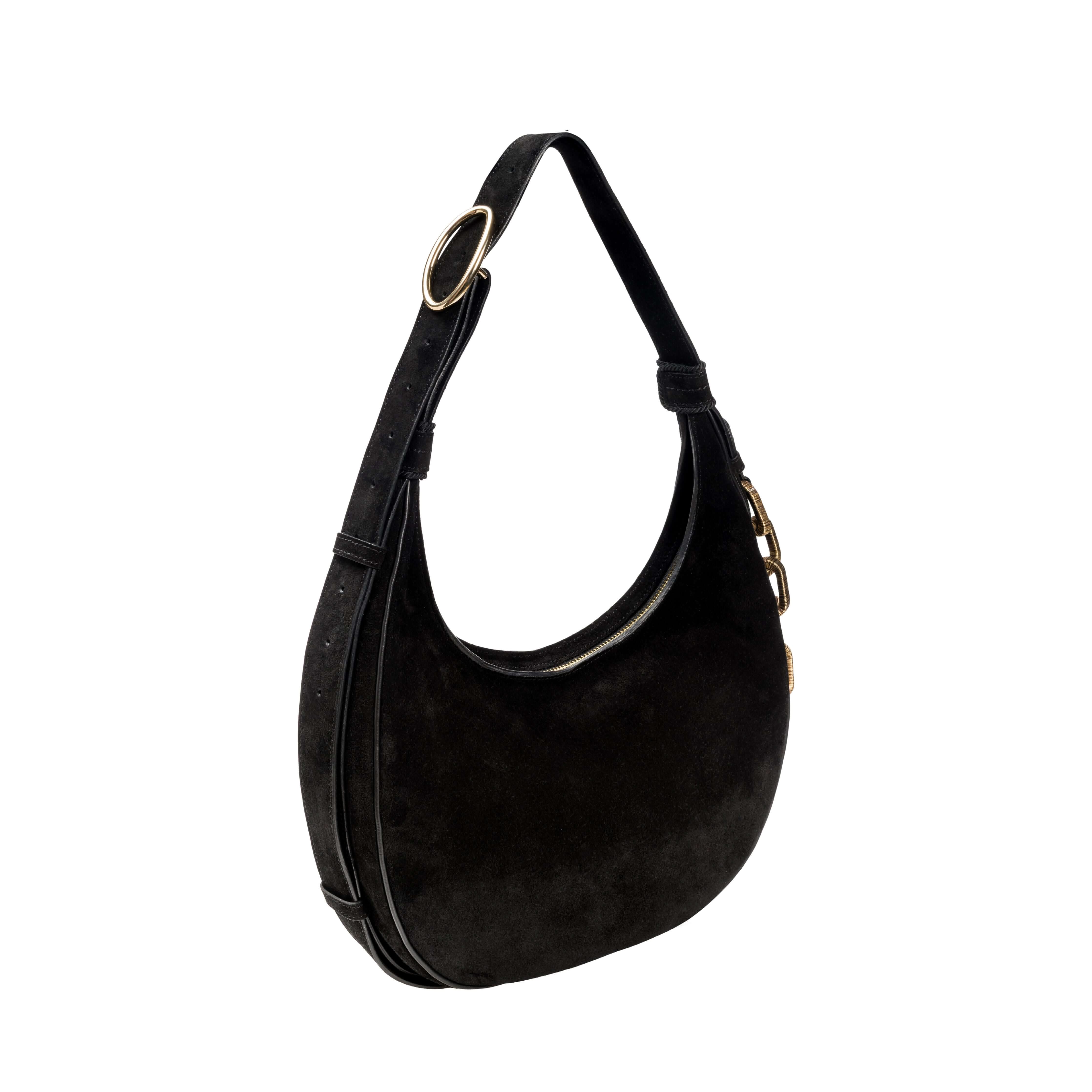 Catena Black Hobo Bag crafted from soft suede, featuring a slouchy silhouette and wide adjustable strap with buckle.