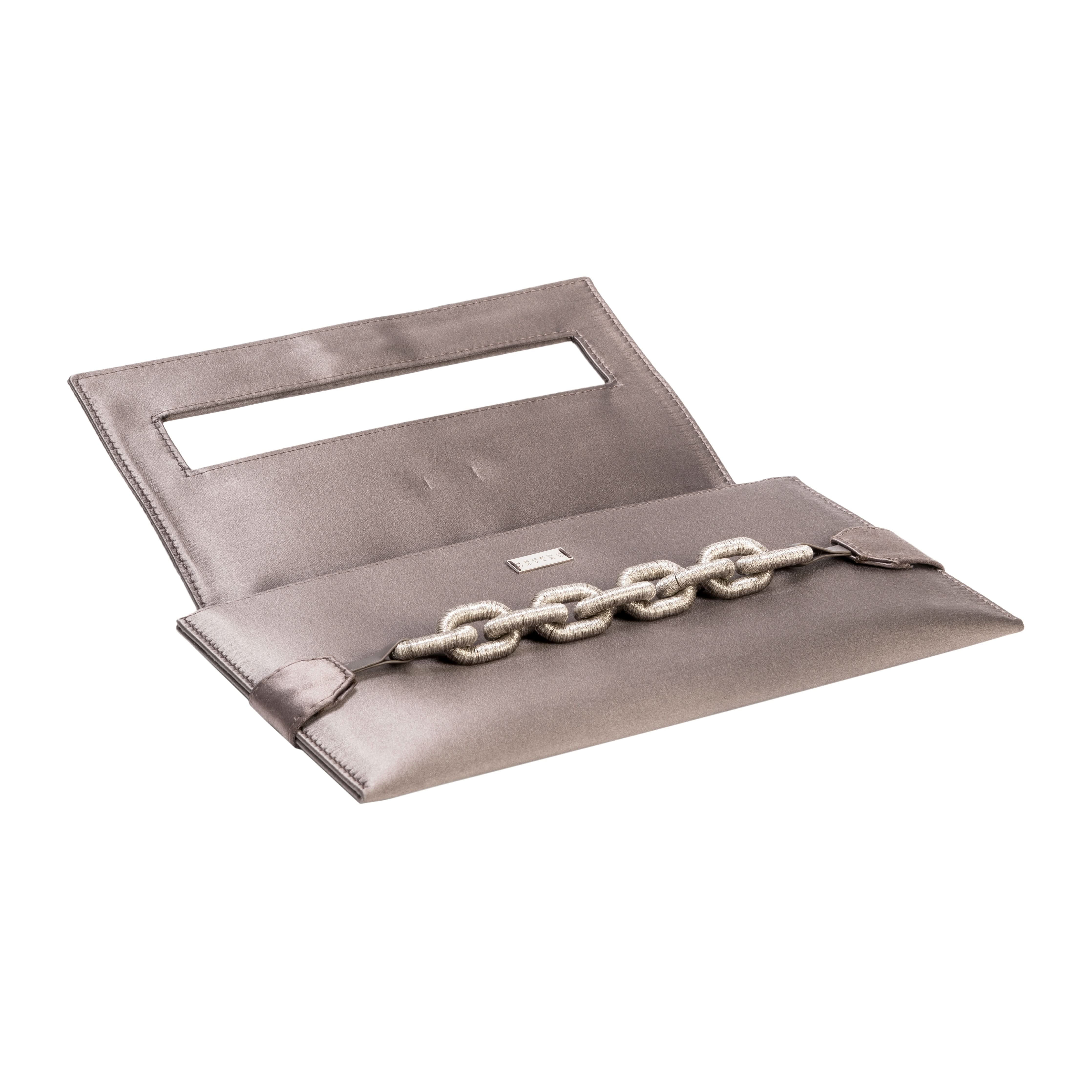 Catena Smoke Envelope Clutch in smoke satin with antique silver chain embroidery, perfect for evening elegance.