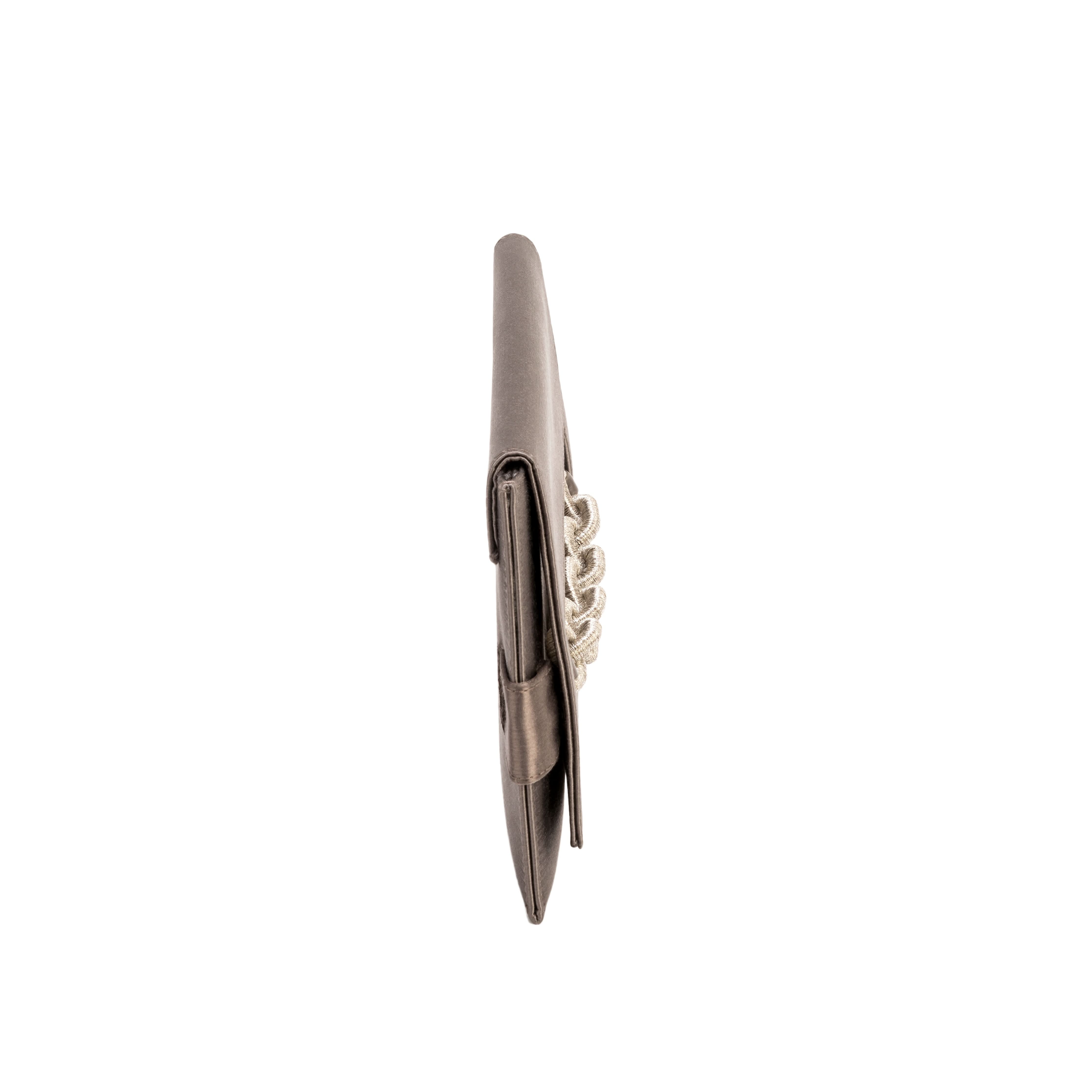 Side view of the Catena Smoke Envelope Clutch in smoke silk satin with antique silver chain embroidery.
