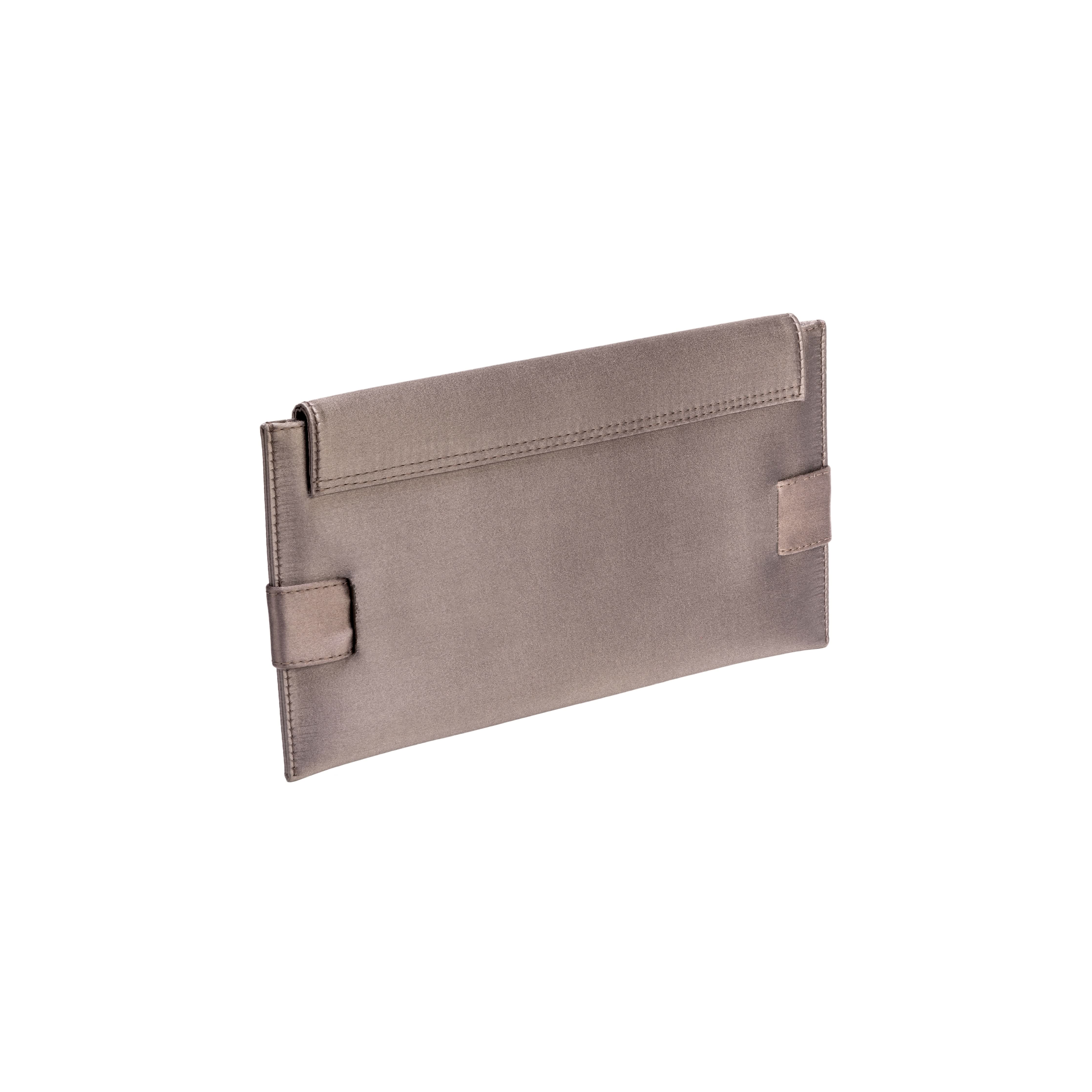 Catena Smoke Envelope Clutch in smoke silk satin with antique silver embroidery, perfect for elegant night outings.