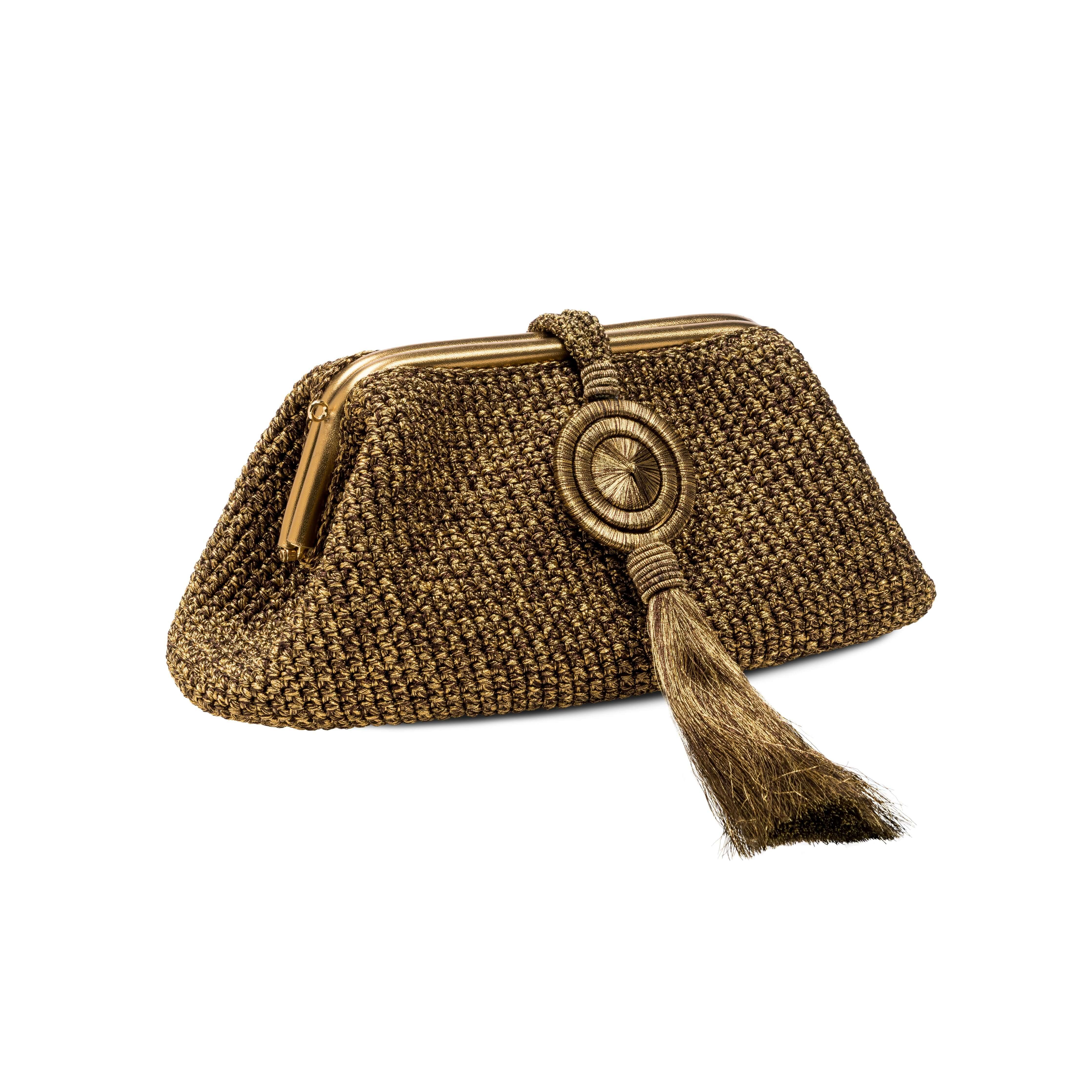 Lia Pouch Bag: Elegant woven clutch with gold-tone clasp and tassel, perfect for evening outings and stylish accessories.