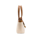 Boho Chic Small Off White Tote Bag displayed from the side view showcasing its structure and design elements.