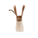 Boho Chic Small Off White Tote Bag featuring expandable sides and slouched silhouette with brown straps.