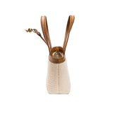 Boho Chic Small Off White Tote Bag featuring expandable sides and slouched silhouette with brown straps.