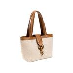 Boho Chic Small Off White Tote Bag with brown handles and decorative knot, perfect for stylish outings.