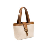 Boho Chic Small Off White Tote Bag with brown handles and decorative knot, perfect for stylish outings.