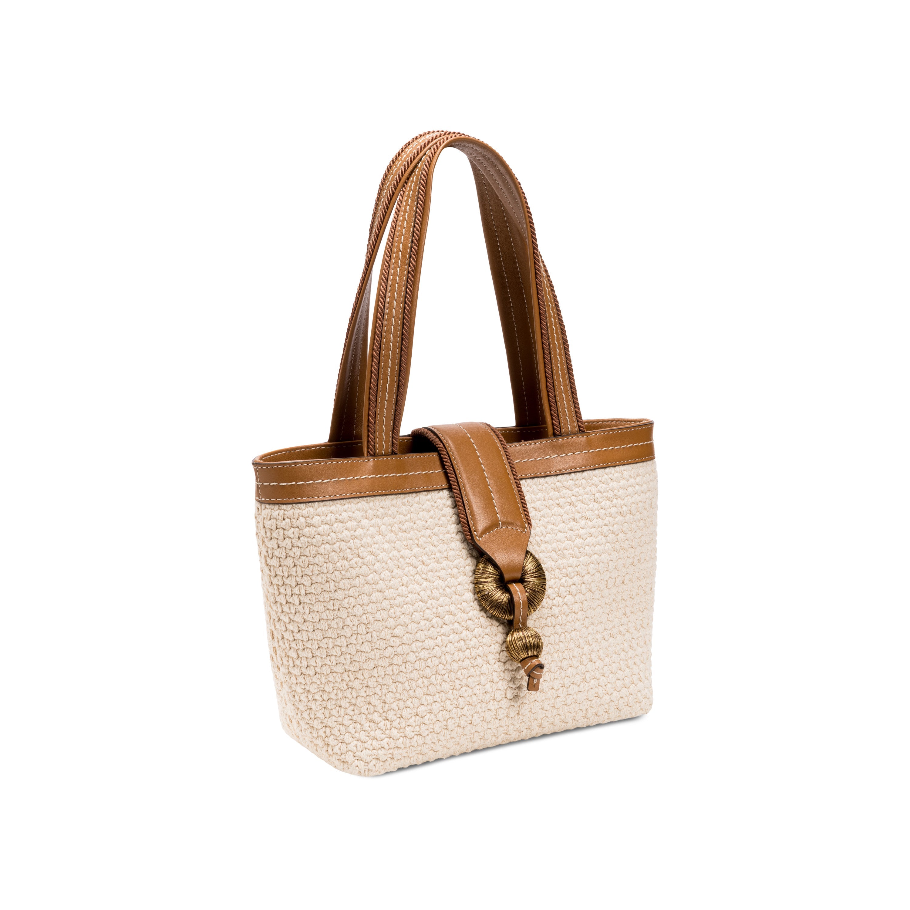 Boho Chic Small Off White Tote Bag with brown handles and decorative knot, perfect for stylish outings.