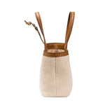 Boho Chic medium off white tote bag with brown straps and expandable sides, perfect for daily use or overnight trips.
