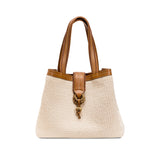 Boho Chic medium off-white tote bag with brown leather handles and stylish knot detail, perfect for travel and everyday use.