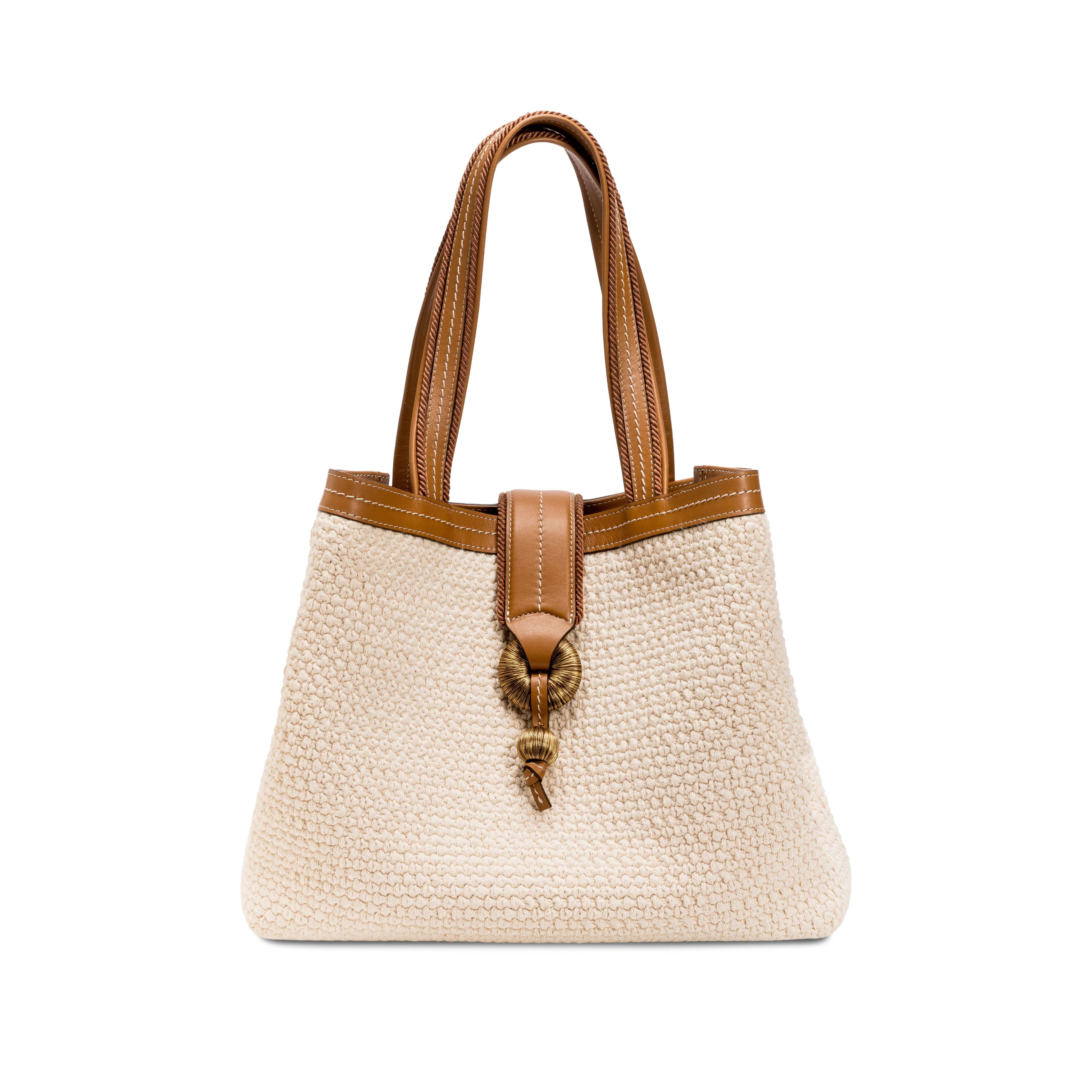 Boho Chic medium off-white tote bag with brown leather handles and stylish knot detail, perfect for travel and everyday use.