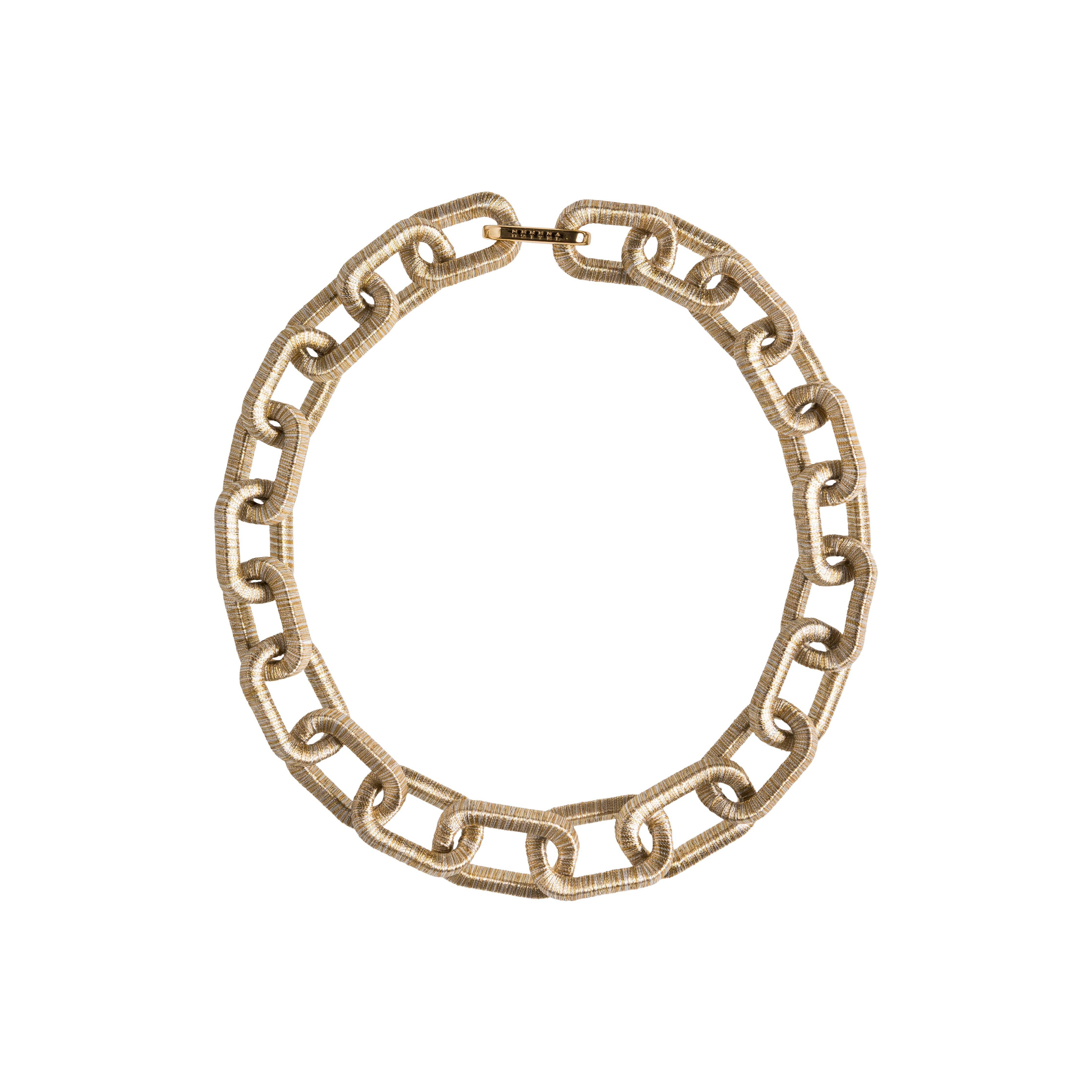 A light gold-toned chain-style necklace made of links wrapped in thread, creating a soft, textured feel that shimmers like a jewel in the light. It fastens with a metal clasp for secure closure  on a white background.