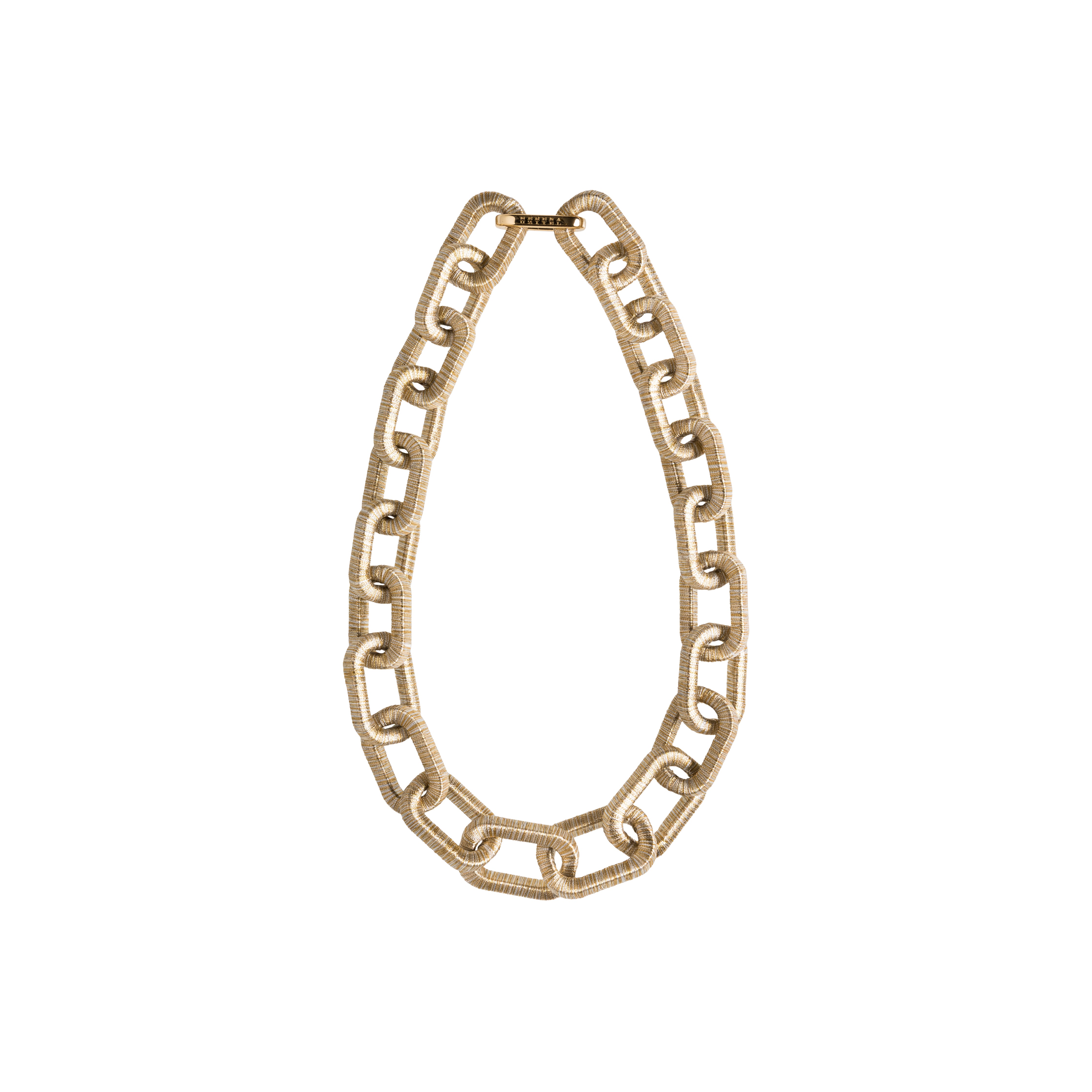 A light gold-toned chain-style necklace made of links wrapped in thread, creating a soft, textured feel that shimmers like a jewel in the light. It fastens with a metal clasp for secure closure  on a white background.