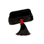 Alessa Black Pouch Bag showcasing a silk satin finish with a unique tassel and thread-wrapped design.