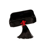 Alessa Black Pouch Bag showcasing a silk satin finish with a unique tassel and thread-wrapped design.