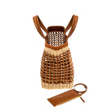 Almeria Camello Large Tote Bag made of raffia with brown leather trim and detachable wallet, perfect for stylish travel.